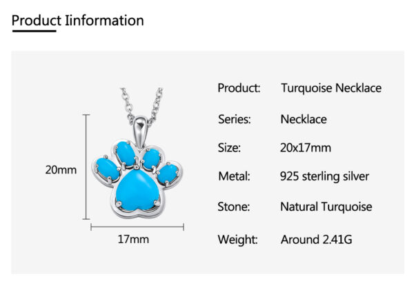 Original 925 Sterling Silver Paw Pendant for Women Natural Turquoise 2.2ct Gem Animal Footprints Necklace Fine Jewelry - Image 7